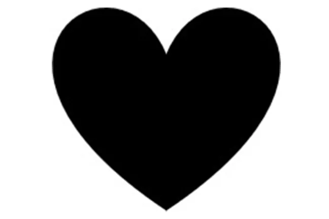 a black ink-filled heart on the right shoulder measuring approximately 1.5 x 2 cm