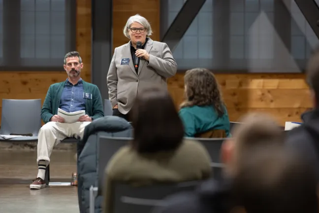 Multnomah County District 1 Commissioner Meghan Moyer gives remarks at community meeting on Multnomah County’s planned 24-hour Sobering and Crisis Stabilization Center in Southeast Portland. Wednesday, March 20, 2025. The Redd on Salmon Street, 831 Southeast Salmon Street, Portland, Oregon.