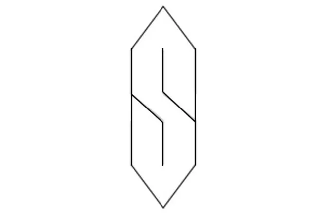 A black ink outline of a stylized letter "S" in a hexagon shape located on the left upper back measuring approximately 3.5 x 1.5 cm.