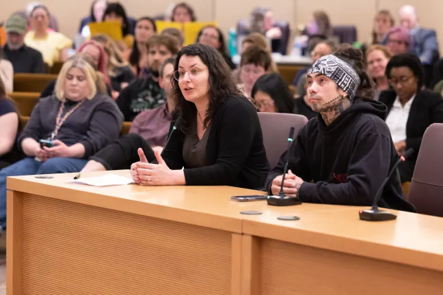 Nili Yosha, executive director of “Outside the Frame" speaks before the board.