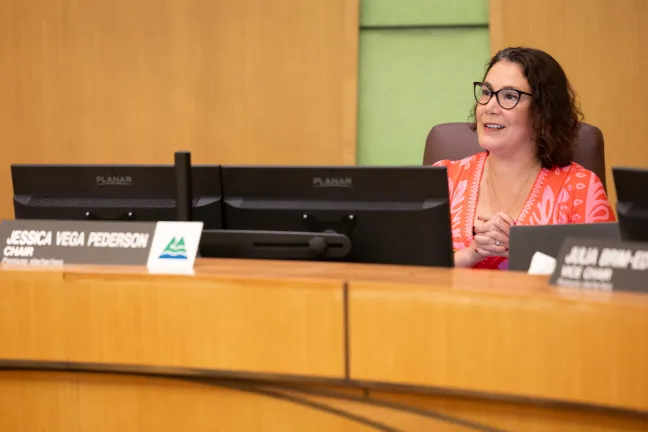 Chair Jessica Vega Pederson sits behind the dais during the June 12, 2025, board meeting.