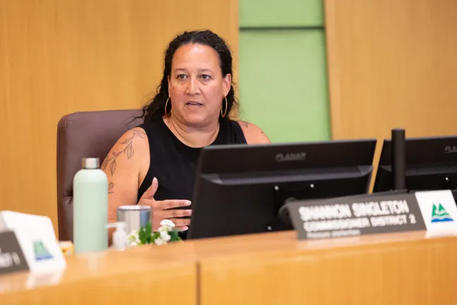 Commissioner Shannon Singleton sits behind the dais during the June 12, 2025, board meeting.