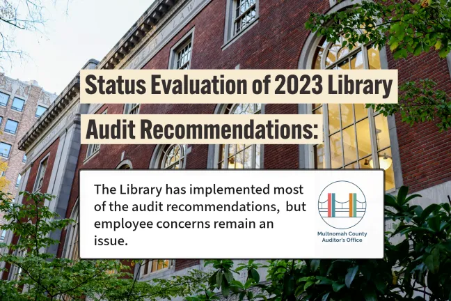 Multnomah County Central Library Building with text that says, "Status Evaluation of 2023 Library Audit Recommendations: The Library has implemented most of the audit recommendations, but employee concerns remain an issue."