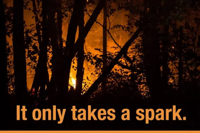 Trees burning with text that reads "It only takes a spark."