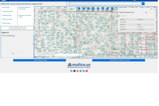Multnomah County Survey and Assessor Image Locator showing menu and search features zoomed into Ladd’s Addition. Surveys are represented by blue data points and numbers. Road survey G4/41 is selected and details about that survey are visible on screen