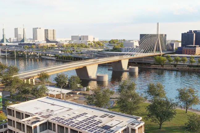 Rendering of an aerial view of the new bridge design, seen facing northeast.