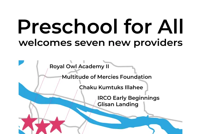 : "A graphic from Preschool for All announcing seven new providers. A map of Multnomah County shows the locations of the new preschools, which are: Royal Owl Academy II, Multitude of Mercies Foundation, Chaku Kumtuks Illahee, IRCO Early Beginnings Glisan Landing, Richmond Learning Academy, Columbia Gorge Montessori, and Holly Farm Play School Lewis."