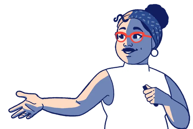 an illustrated graphic of a woman wearing glasses and a head scarf, gesturing with her arm towards her left side
