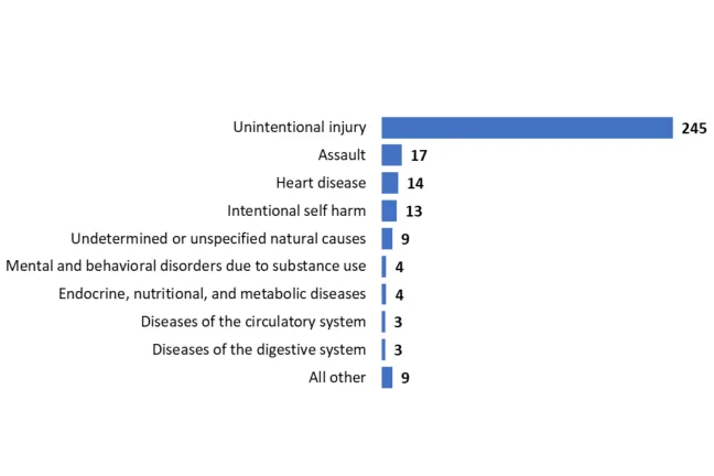 Figure 2. Leading causes of death among people experiencing homelessness in Multnomah County, 2024, Medical Examiner data (N=321)