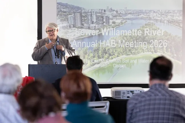 Commissioner Meghan Moyer speaking at the Lower Willamette River Annual HAB Meeting