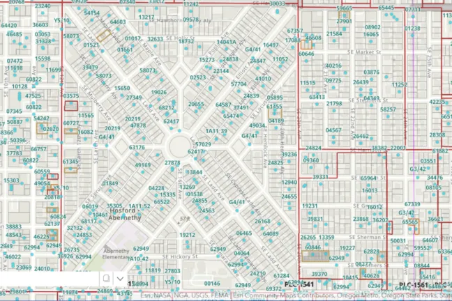 Localizador de imágenes de la Oficina de Catastro y Evaluación del Condado de Multnomah que muestra Ladd's Addition. Los datos catastrales están representados por puntos y números azules. Las subdivisiones están delimitadas con contornos rojos.