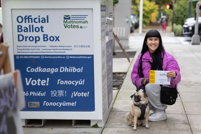 Photo of voter dropping off ballot.