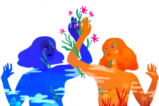 Two female bodies overlaid with nature