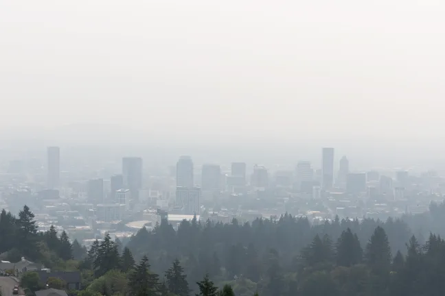 A photo of smoky downtown Portland