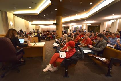 Supporters of Thursday's resolution pack the county board room.