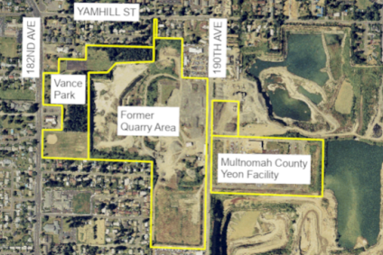 Aerial view of undeveloped area between 182nd and 190th, marked as Vance Park, Former Quarry Area and Multnomah County Yeon Facility.