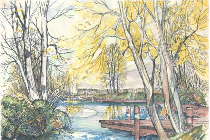 Line and watercolor drawing of proposed nature park area. Several pedestrians walk along a boardwalk that follow the curves of a small river. Autumn leaved trees, grasses, and water plants appear in the scene.