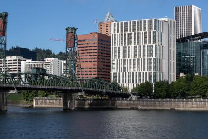 The new Central Courthouse from the East Willamette River bank.