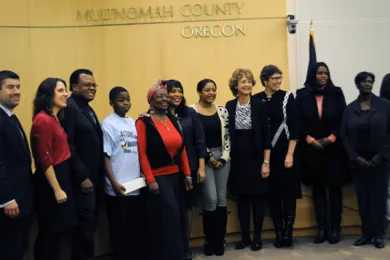 Multnomah County Board members, friends and family members of the late Linda Hornbuckle pose for pictures at the Oct. 30 proclamation. 