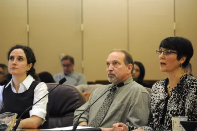 Dr. Jennifer Vines with the Multnomah County Health Department, Jeff Ruscoe from the Oregon Health Authority and Kari McFarlan, program supervisor at Multnomah County Health Department brief the Board of Health on smoking rates among teens