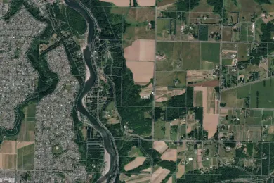 Aerial view of the Sandy River area and Troutdale.