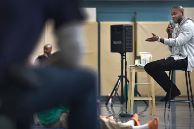 Author Mitchell S. Jackson speaks  to young people at the Donald E. Long Juvenile Detention Center on Tuesday morning. 