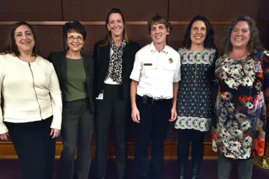 From left: Amalia Alarcon de Morris; Anna Kanwit; Leah Treat; Fire Chief Erin Janssens; Chair Kafoury and  Penelope Lutdke