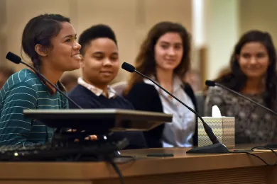 Cassie Hill, a photographer for Grant Magazine who will be attending Emory University this fall, talks about how her time with the publication helped change her life. Seated with her, from left, are: editors-in-chief Hunter Stewart, Eliza Kamerling-Brown 