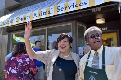 Multnomah County Commissioner Loretta Smith and Multnomah County Animal Services community outreach manager Napoleon Hodgers