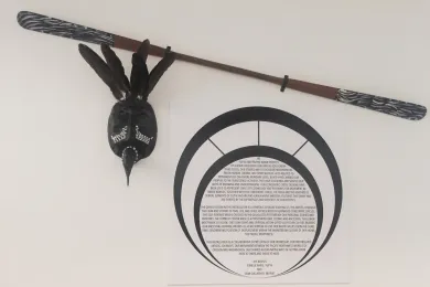 Mask and paddle art display at the Mead Building