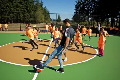 Portland Timbers’ Diego Valeri kicks the ball around with community youth at the new futsal court in Vance Park.