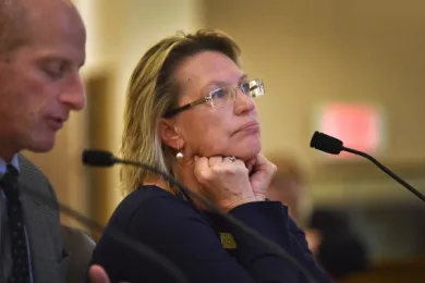 Joanne Fuller watches County powerpoint with owners rep Doug Obletz