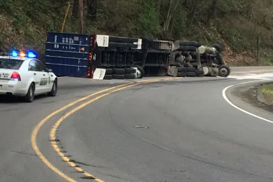 Overturned semi truck on NW Cornelius Pass Road, 3-4-2016