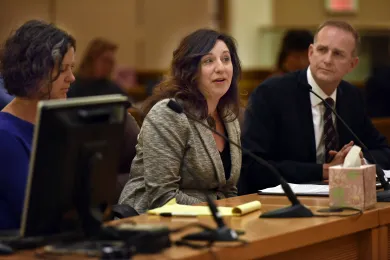 Martha Strawn Morris, director of the Gateway Center for Domestic Violence Services, addresses the board. 