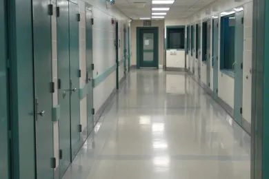 Hallway with white floors and blue doors in detention services. 