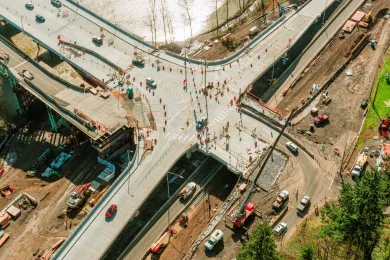 An aerial view of the Sellwood Bridge interchange with Highway 43