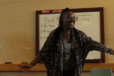 Glenis Redmond gestures during her poem