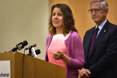 Chair Kafoury speaks at Wednesday's press conference announcing the new homeless shelter at the Hansen Building.