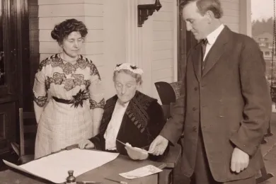 Abigail Scott Duniway casts the first female vote in Oregon. Courtesy: Library of Congress