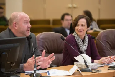 Sherry Swackhamer, director of the county’s Department of County Assets listens as her deputy director, Bob Leek lays out the newest technology developments
