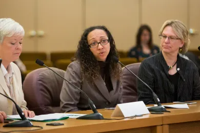 Joanne Fuller, Health Department Director; Rachael Banks, Deputy Public Health Director; and Jae Douglas, Environmental Health Director brief the board April 13 on pending legislation on the legal smoking age