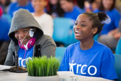 Sara Msafiri, left and Jemima Kifuka, both 12 and from Congo, testify in support of IRCO's SUN program.