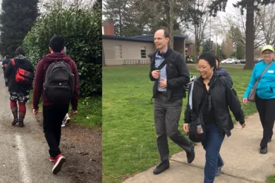 Commissioner Lori Stegmann participates in an East Multnomah County walking tour to highlight pedestrian safety and access issues.