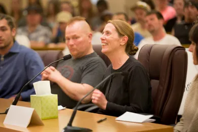 Suzy, a participant in Central City Concern's Recovery Mentor Program, speaks to the Multnomah County Board of Commissioners on Wednesday, May 3, 2017. 
