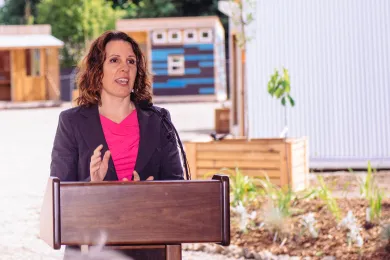 Multnomah County Chair Deborah Kafoury speaks at a community open house for the Kenton Women's Village project Friday, June 9, 2017. (photo courtesy of Catholic Charities 2017)