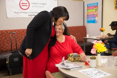 Commissioner Loretta Smith meets with seniors at a pancake breakfast in Northeast Portland.