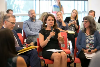 Chair Deborah Kafoury, center, with Portland Commissioner Nick Fish, left, and Heather Lyons of CSH at a summit Sept. 14, 2017, on supportive housing.