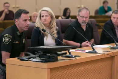 Sheriff Mike Reese, Penny Okamoto Executive Director of Ceasefire Oregon, Paul Kemp of Gun Owners for Responsible Ownership & David Westbrook chief operating officer of Lines for Life