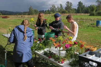 Four youth arranging flowers at a table in a field. 