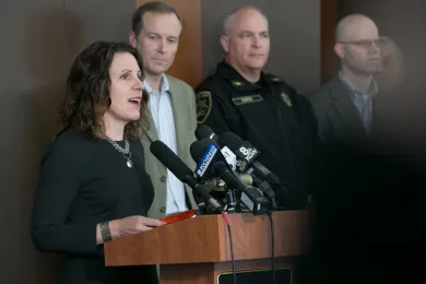 Multnomah County Chair Deborah Kafoury explains the community's plan for helping homeless neighbors during severe winter weather at an event Tuesday, Nov. 7, 2017.